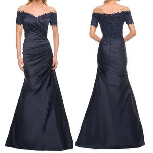 LA FEMME EVENING
30199 size 12  off shoulder navy blue gown formal dress